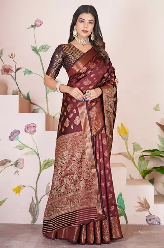 premium dark maroon banarasi silk blend wedding and party wear saree with blouse
