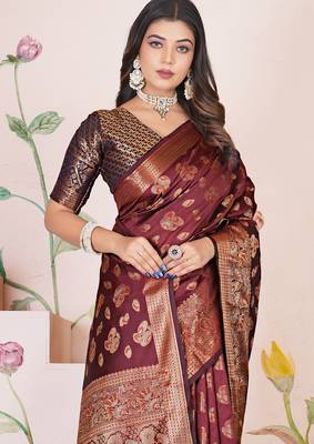 premium dark maroon banarasi silk blend wedding and party wear saree with blouse 4