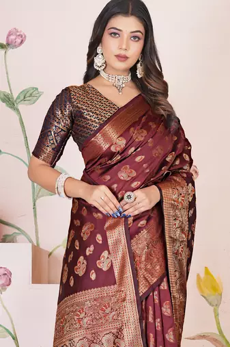 premium dark maroon banarasi silk blend wedding and party wear saree with blouse