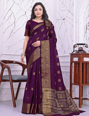 premium purple banarasi silk blend wedding and party wear saree with blouse 1