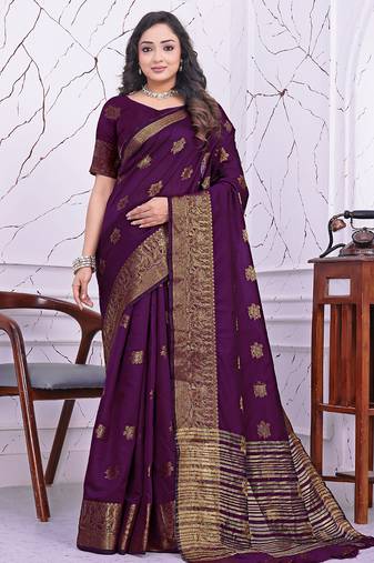 premium purple banarasi silk blend wedding and party wear saree with blouse