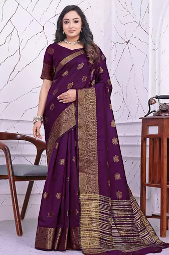 premium purple banarasi silk blend wedding and party wear saree with blouse