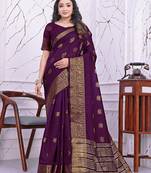 premium purple banarasi silk blend wedding and party wear saree with blouse