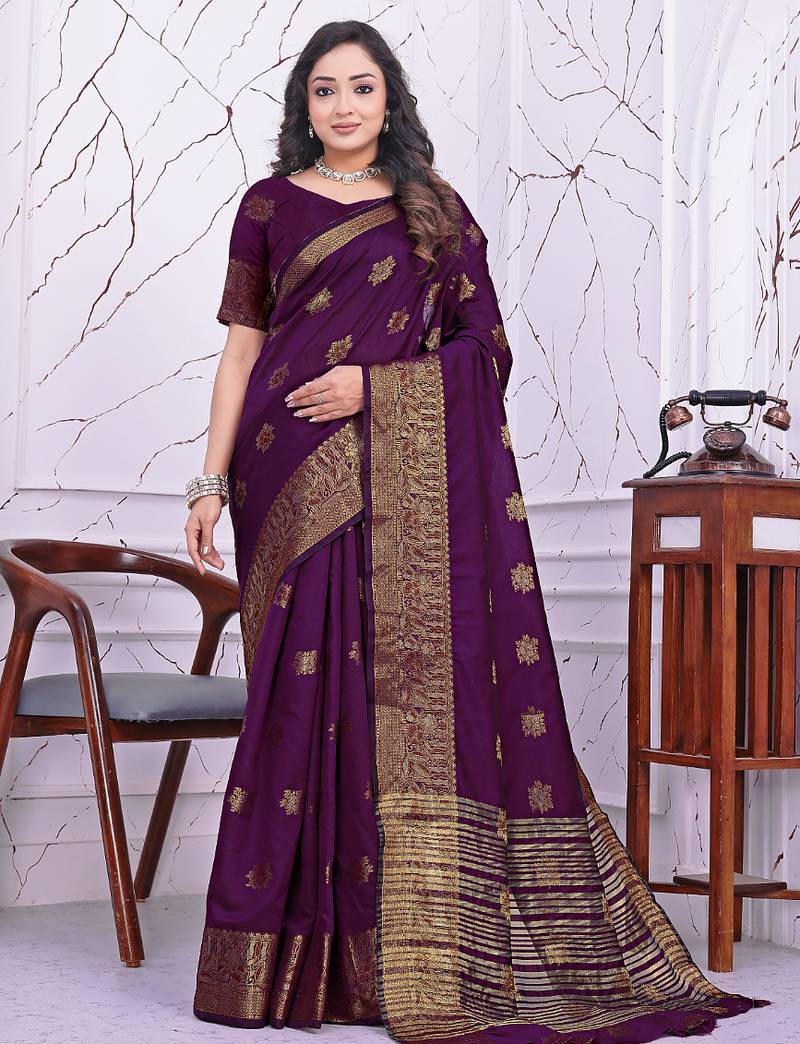 premium purple banarasi silk blend wedding and party wear saree with blouse