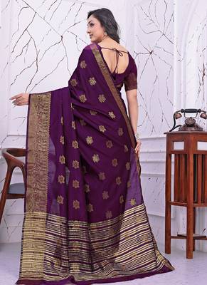 premium purple banarasi silk blend wedding and party wear saree with blouse 2