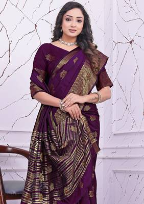premium purple banarasi silk blend wedding and party wear saree with blouse 3
