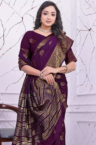 premium purple banarasi silk blend wedding and party wear saree with blouse