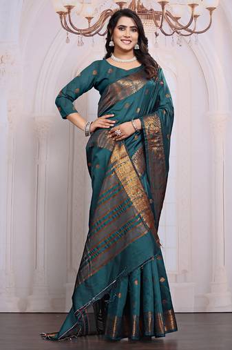 premium firozi banarasi silk blend wedding and party wear saree with blouse