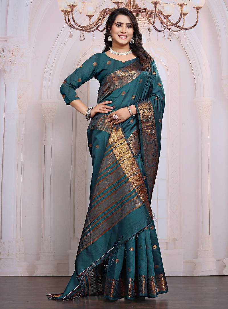 premium firozi banarasi silk blend wedding and party wear saree with blouse