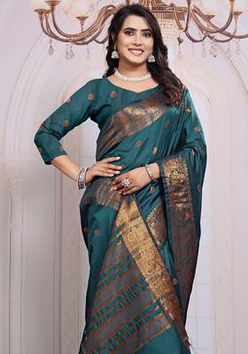 premium firozi banarasi silk blend wedding and party wear saree with blouse 3