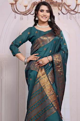 premium firozi banarasi silk blend wedding and party wear saree with blouse