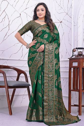 premium green banarasi silk blend wedding and party wear saree with blouse