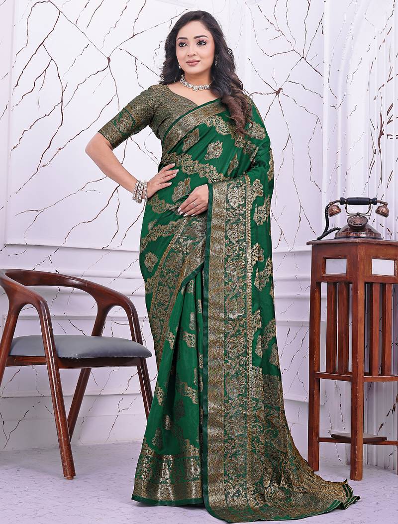 premium green banarasi silk blend wedding and party wear saree with blouse