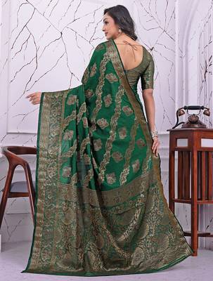 premium green banarasi silk blend wedding and party wear saree with blouse 2