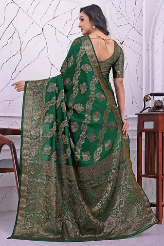 premium green banarasi silk blend wedding and party wear saree with blouse