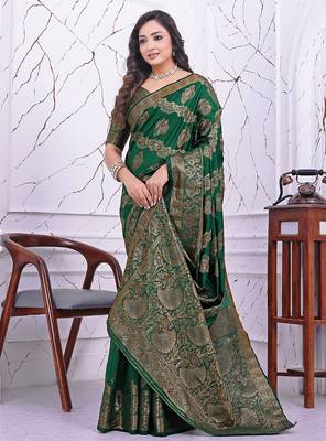 premium green banarasi silk blend wedding and party wear saree with blouse 3