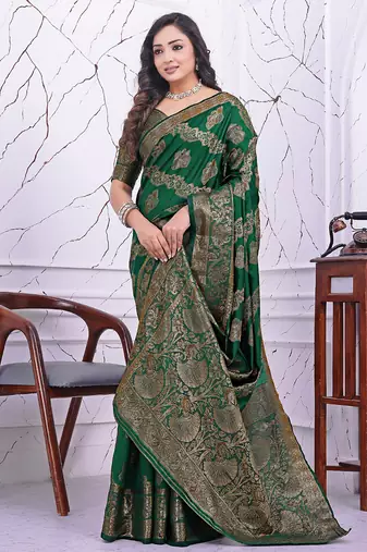 premium green banarasi silk blend wedding and party wear saree with blouse