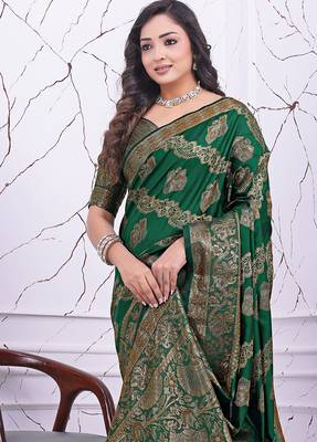 premium green banarasi silk blend wedding and party wear saree with blouse 4