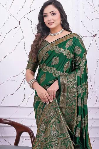 premium green banarasi silk blend wedding and party wear saree with blouse