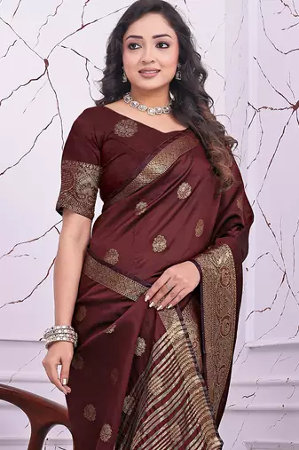 premium maroon banarasi silk blend wedding and party wear saree with blouse