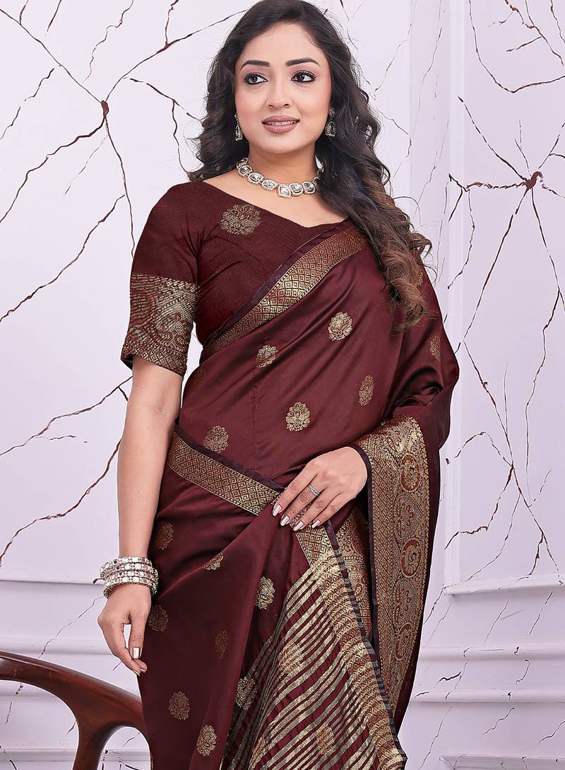 premium maroon banarasi silk blend wedding and party wear saree with blouse