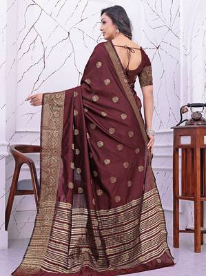 premium maroon banarasi silk blend wedding and party wear saree with blouse 2