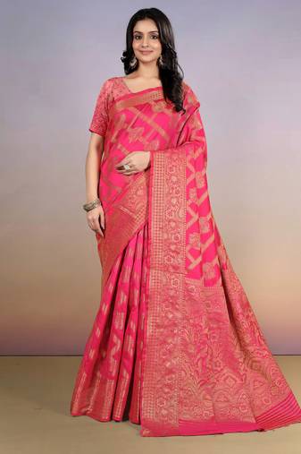 premium pink  banarasi silk blend wedding and party wear saree with blouse