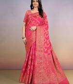 premium pink  banarasi silk blend wedding and party wear saree with blouse