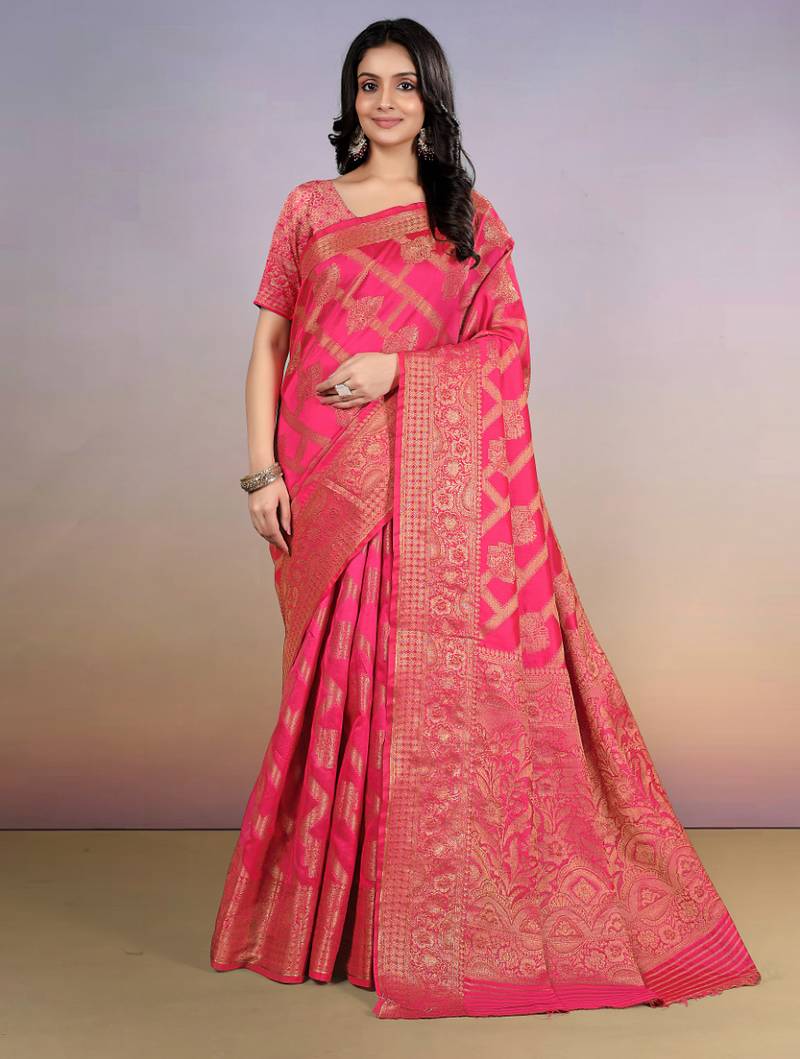 premium pink  banarasi silk blend wedding and party wear saree with blouse