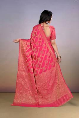 premium pink  banarasi silk blend wedding and party wear saree with blouse 2