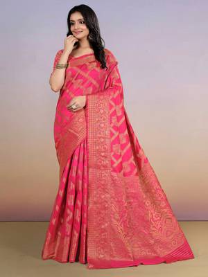 premium pink  banarasi silk blend wedding and party wear saree with blouse 3