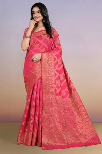 premium pink  banarasi silk blend wedding and party wear saree with blouse