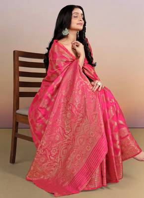 premium pink  banarasi silk blend wedding and party wear saree with blouse 4