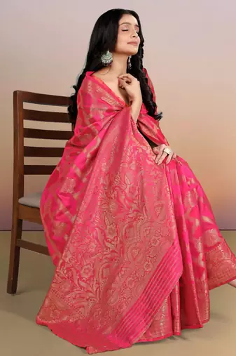 premium pink  banarasi silk blend wedding and party wear saree with blouse