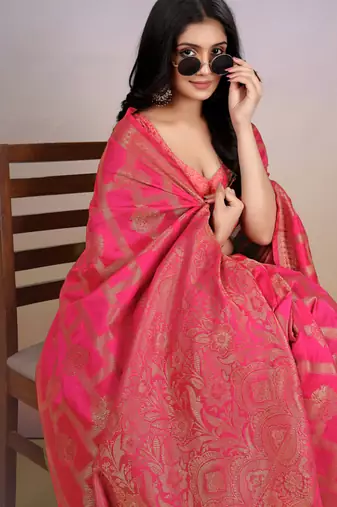 premium pink  banarasi silk blend wedding and party wear saree with blouse