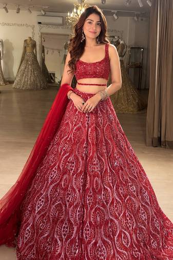 Red Net Embroidery Sequence work Lehenga Choli with Dupatta For Women 
