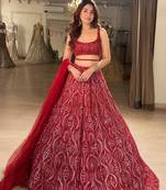 Red Net Embroidery Sequence work Lehenga Choli with Dupatta For Women 