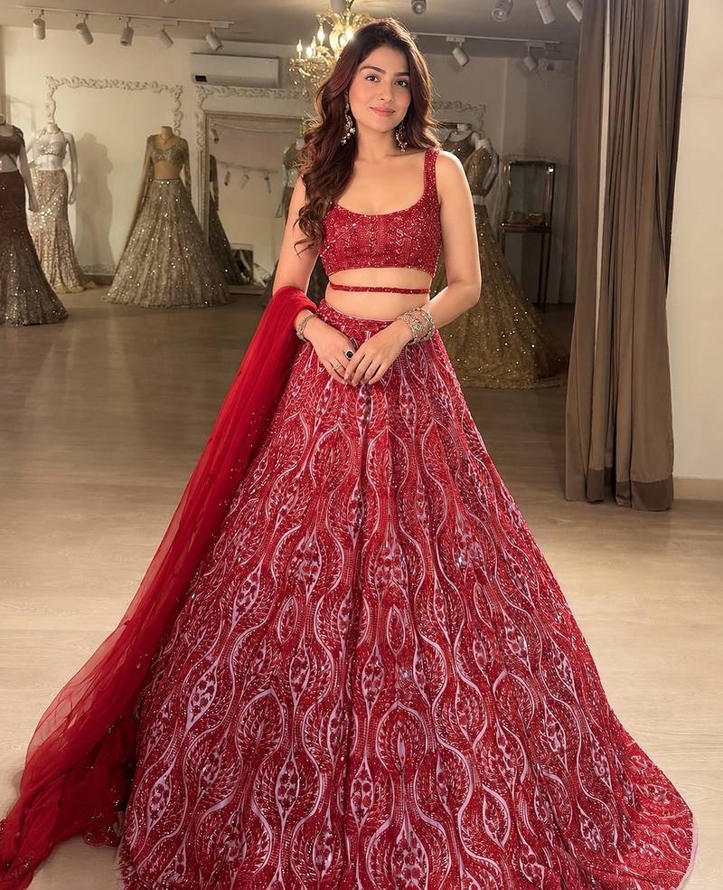 Red Net Embroidery Sequence work Lehenga Choli with Dupatta For Women 