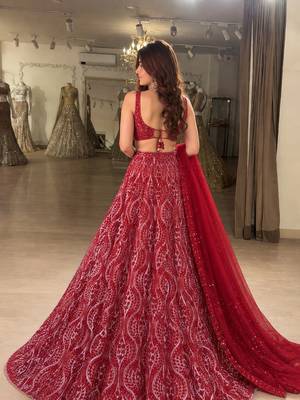 Red Net Embroidery Sequence work Lehenga Choli with Dupatta For Women  2