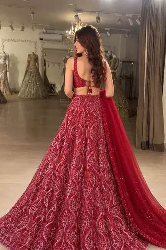 Red Net Embroidery Sequence work Lehenga Choli with Dupatta For Women 