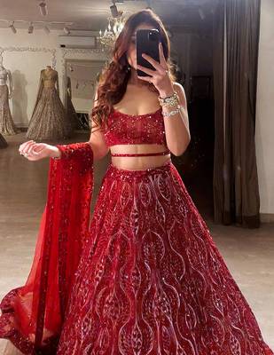 Red Net Embroidery Sequence work Lehenga Choli with Dupatta For Women  3