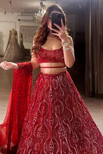 Red Net Embroidery Sequence work Lehenga Choli with Dupatta For Women 