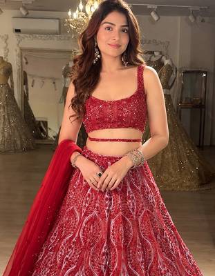 Red Net Embroidery Sequence work Lehenga Choli with Dupatta For Women  4