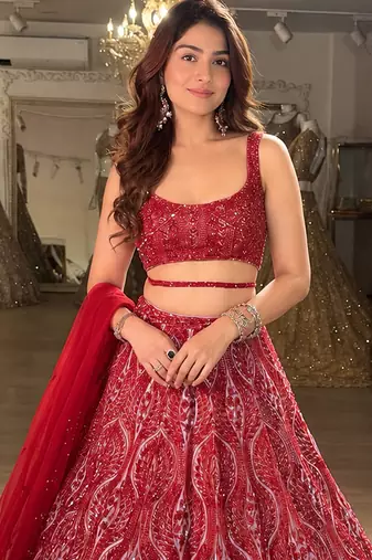 Red Net Embroidery Sequence work Lehenga Choli with Dupatta For Women 