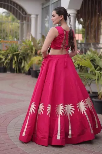 Roman Silk Lehenga Top Set With Pan Patti Gota And Mirror Lace