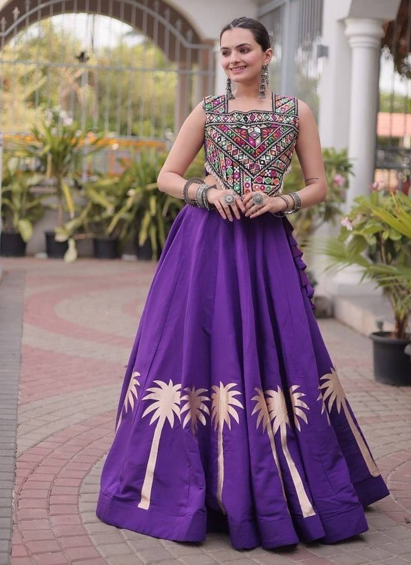 Roman Silk Lehenga Top Set With Pan Patti Gota And Mirror Lace