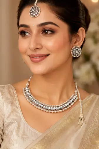 Creative circle shape and pearls kundan stone silver plated necklace set with maang tikka
