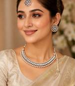 Creative circle shape and pearls kundan stone silver plated necklace set with maang tikka