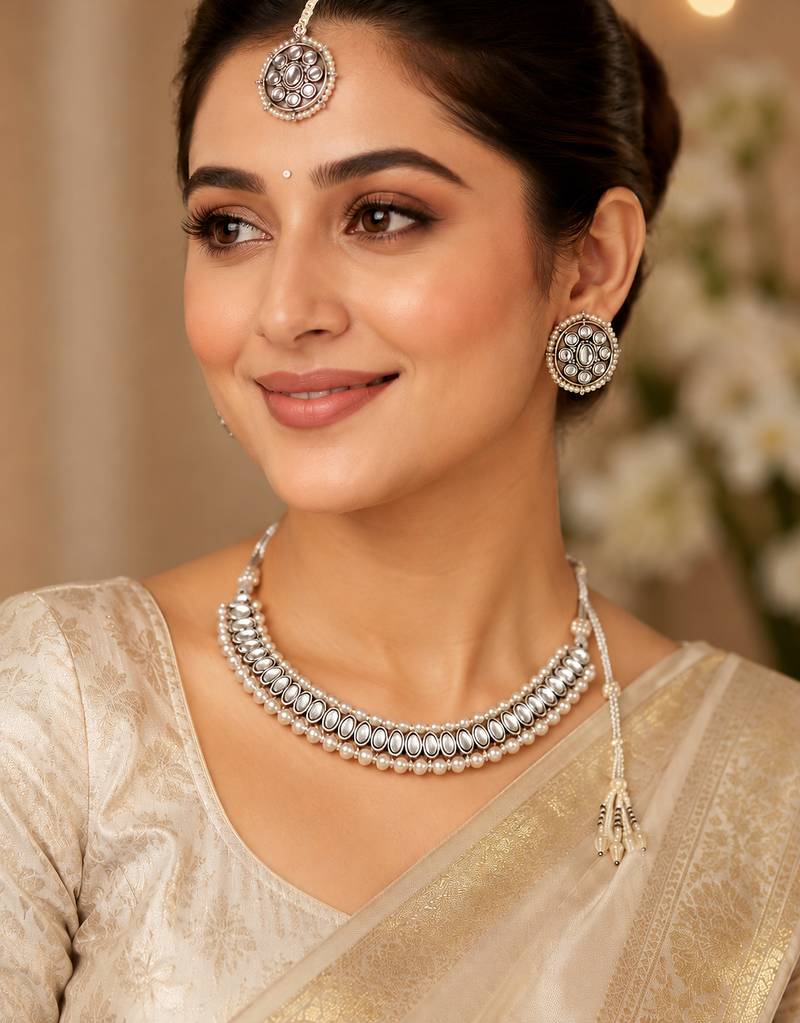 Creative circle shape and pearls kundan stone silver plated necklace set with maang tikka
