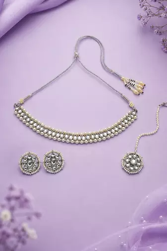 Creative circle shape and pearls kundan stone silver plated necklace set with maang tikka